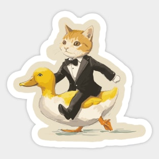 Funny Tuxedo Cat Riding Funny Duck Going To Party Sticker